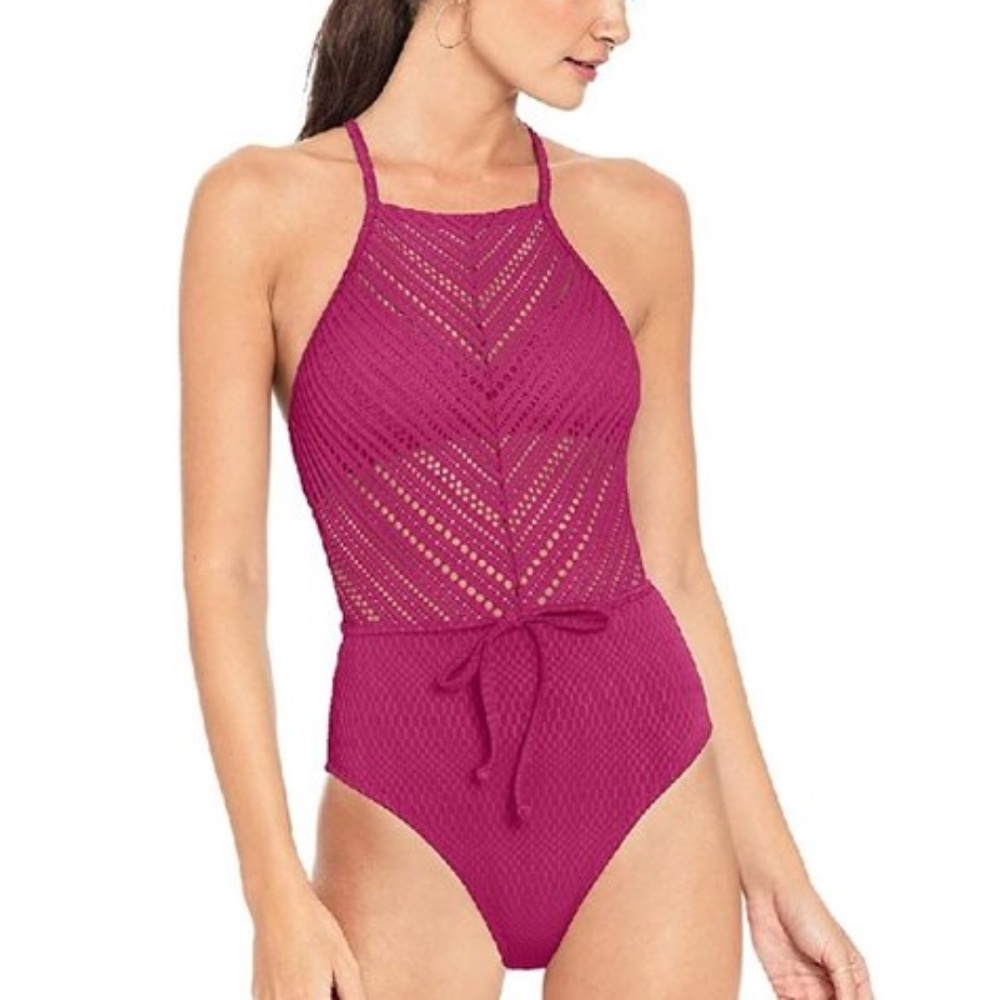 Robin Piccone Perla Mixed Crochet High Neck Swimsuit